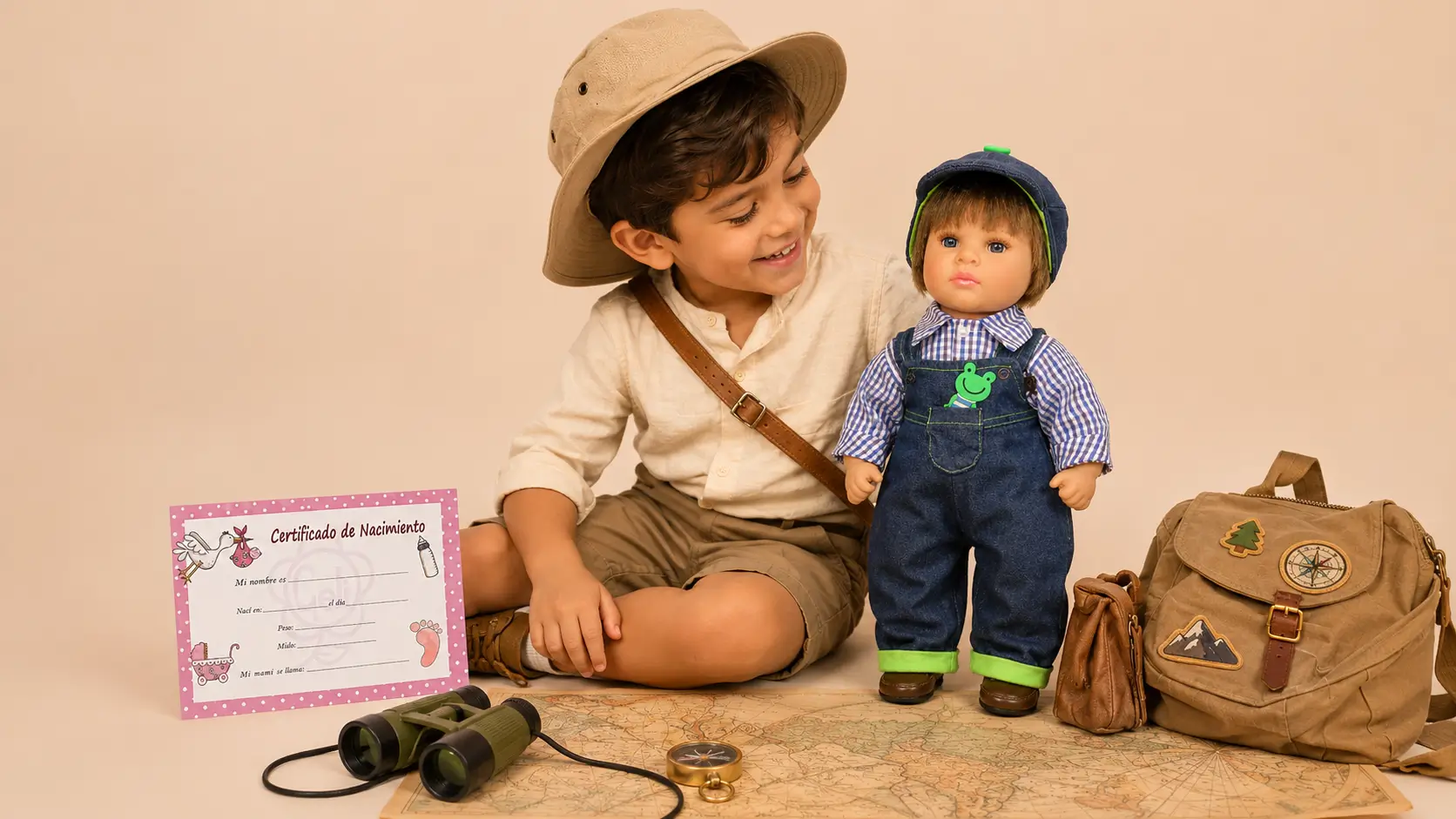 niño explorador jugando con kevin de Muñecas Geli